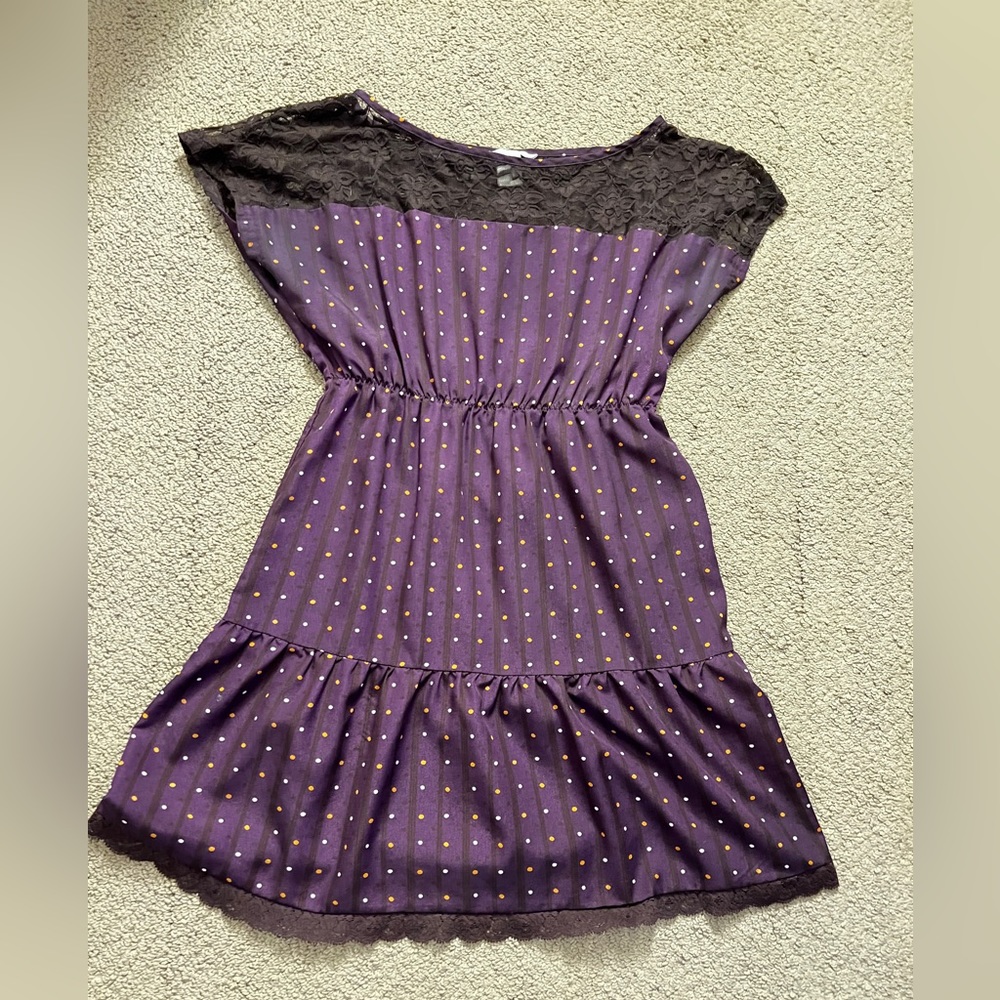 Purple dress with orange dots